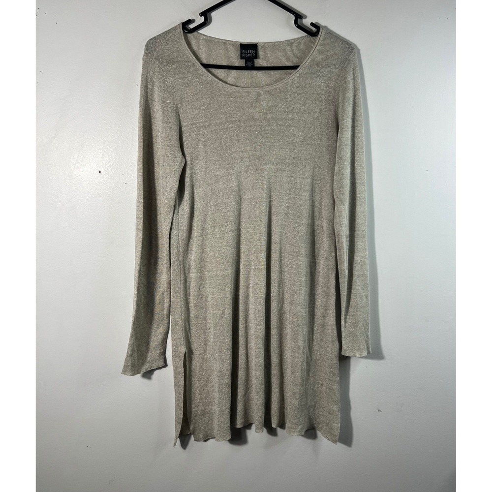 Eileen Fisher Linen Silk Round Neck Tunic Tan M Light Weight Flaw